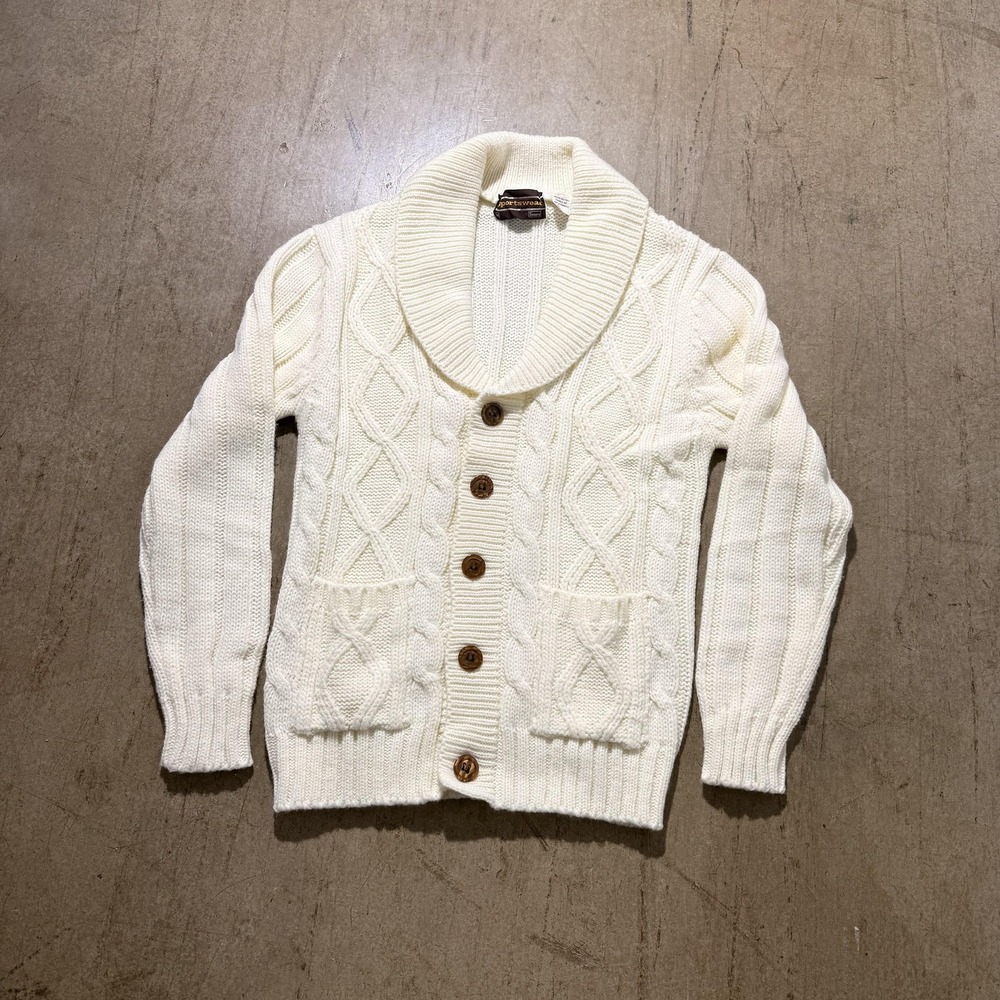 Vintage Sears Sweater Mens Medium White Cable Knit Shawl Collar Cardigan 70s 80s